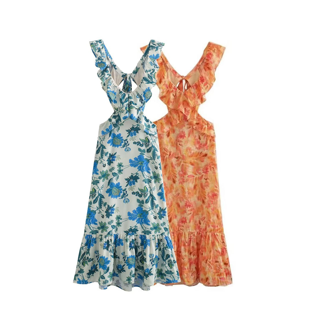 Damen Maxikleid mit weichem V-Ausschnitt und verspieltem Volant Drune