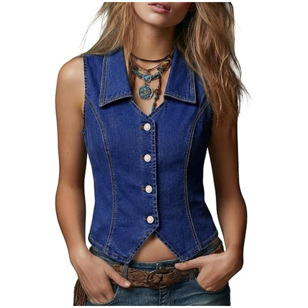 Damen Taillierte Jeansweste mit spitzem Saum und Knopfleiste Drune