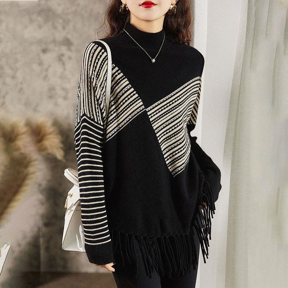 Damen Strickpullover mit geometrischem Muster und Fransen Drune