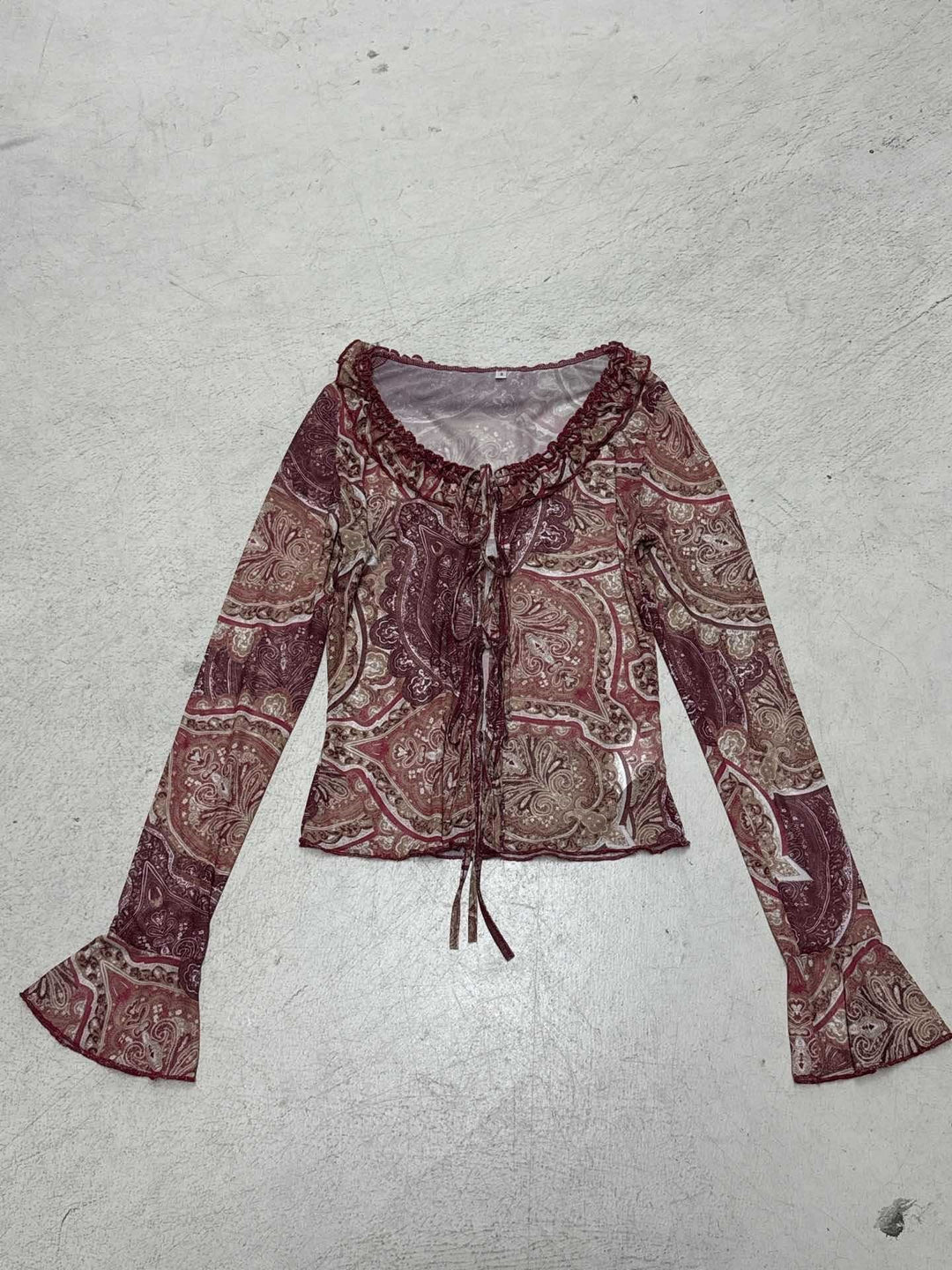 Damen Transparente Mesh-Bluse mit Paisley‑Print, Rüschenkragen, BindDruneand und Glockenärmeln Drune