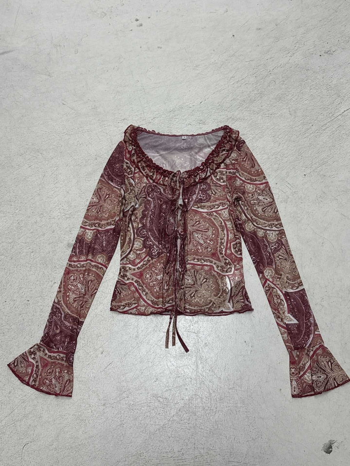Damen Transparente Mesh-Bluse mit Paisley‑Print, Rüschenkragen, BindDruneand und Glockenärmeln Drune