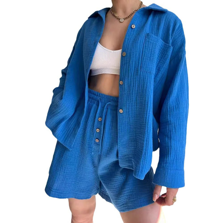 Damen lässige Overshirtjacke aus leichtem Material mit Holzknöpfen Drune