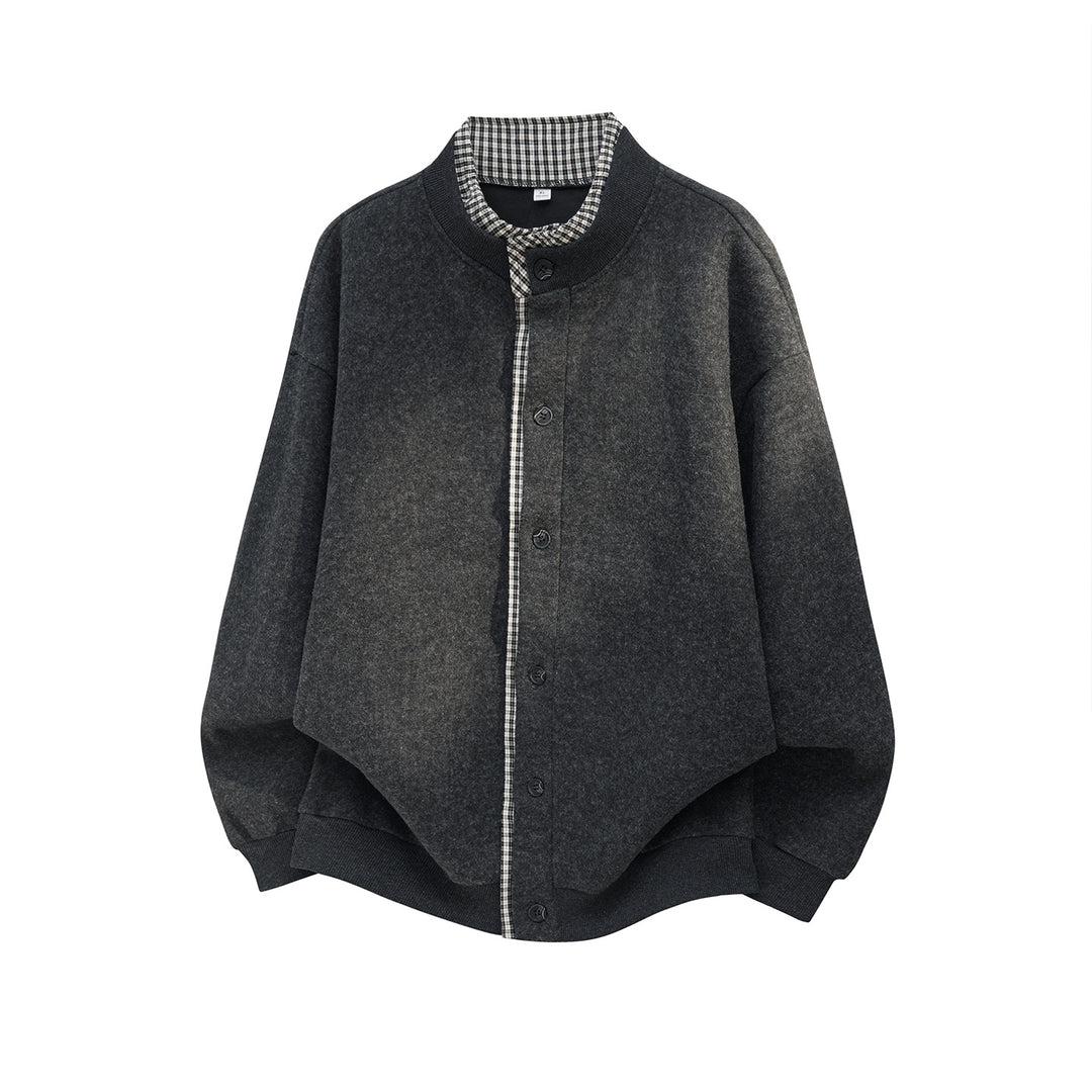 Unisex Oversize Hemdblousonjacke aus Wollmix mit Knopfleiste und kariertem Innenkragen Drune