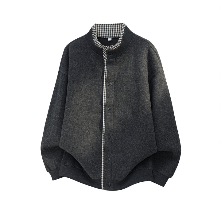 Unisex Oversize Wollmix-Cardigan-Jacke mit Karo-Einfassung und Stehkragen Drune