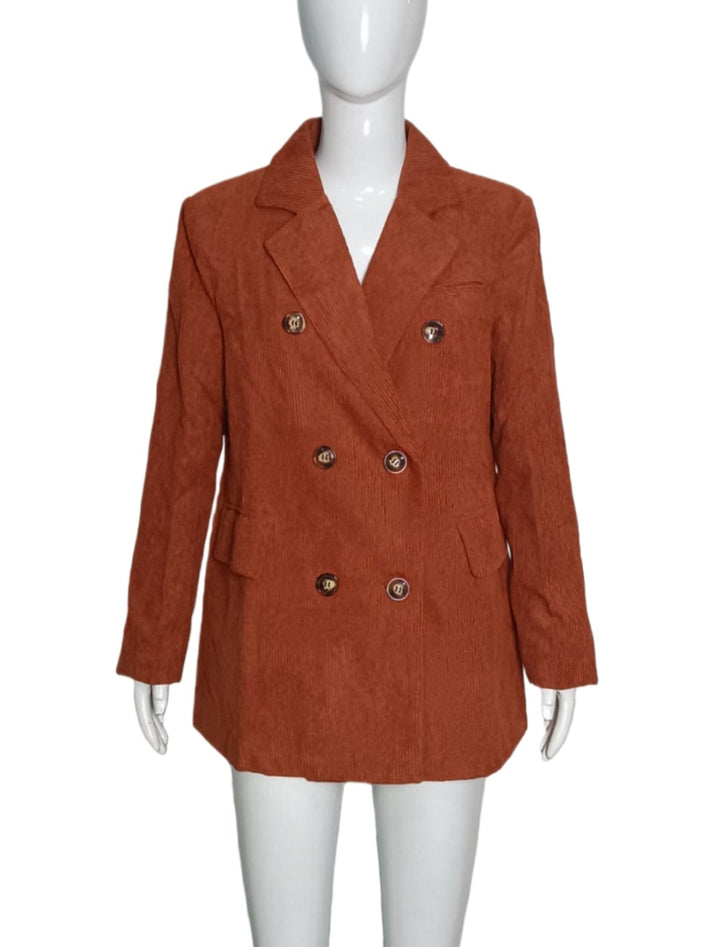 Damen Langer Cord-Blazer im Doppelreiher mit Reverskragen und Pattentaschen Drune
