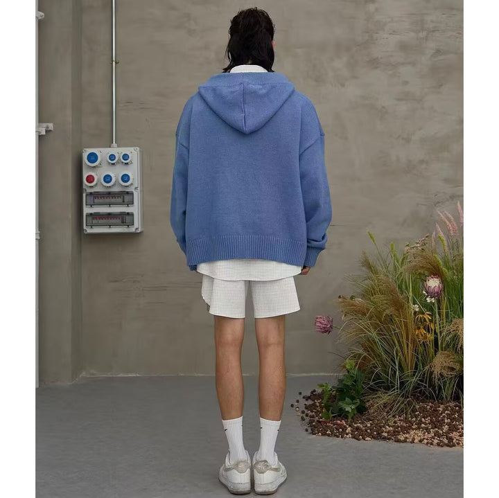 Herren Oversized Strickpullover mit Kapuze und Knopfleiste Drune