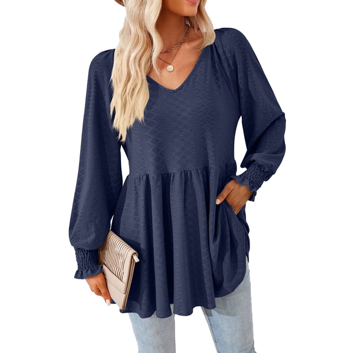 Damen lässiges V-Ausschnitt Blusenshirt mit Rüschen und Taschen Drune