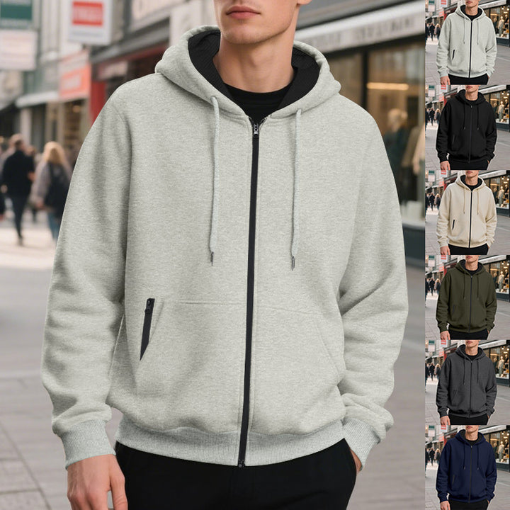 Herren nan weit geschnittene Kapuzenjacke mit Reißverschluss, Kängurutaschen und kontrastiertem Innenfutter Drune