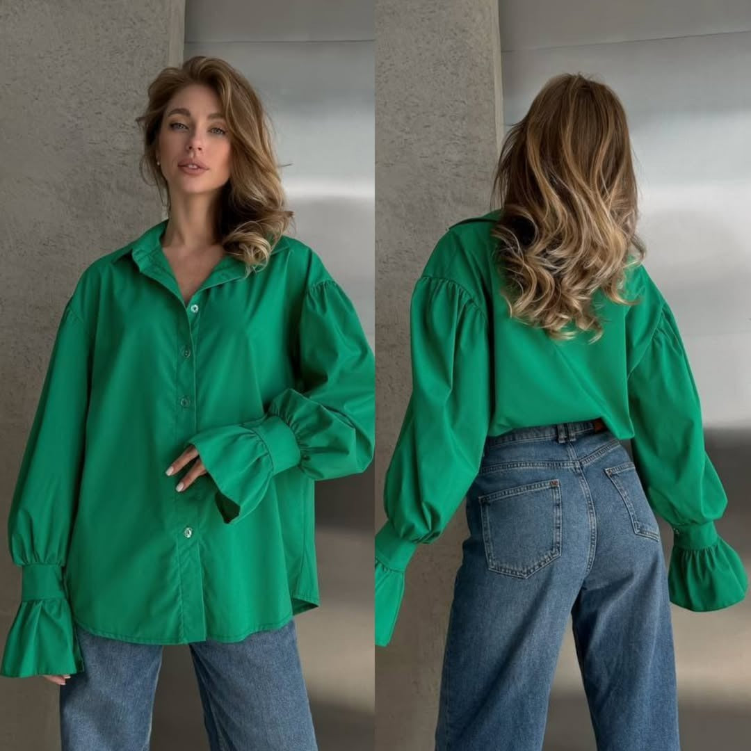 Damen Oversized-Bluse mit Volant-Manschetten und Ballonärmeln Drune