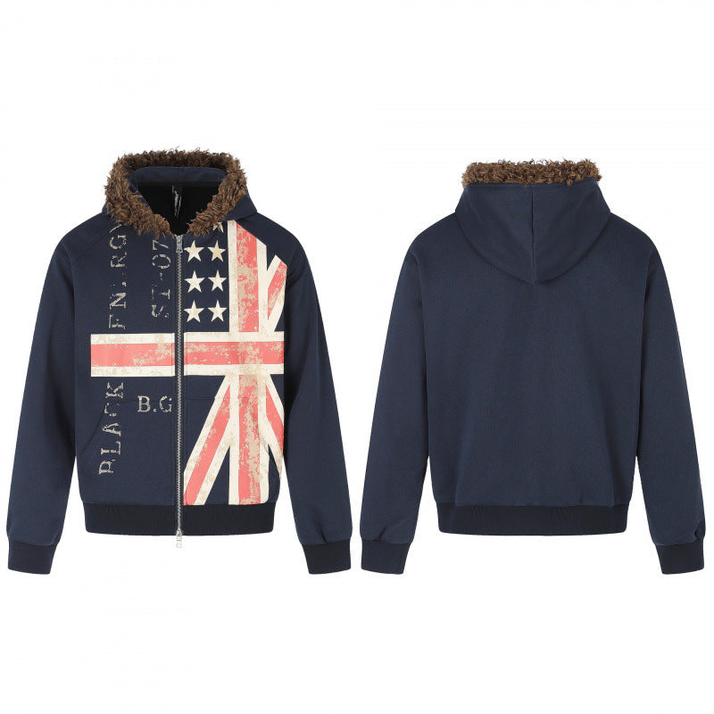 Herren Kapuzenjacke mit Vintage‑Flaggenprint, Kunstfellkapuze und Zweiwege‑Reißverschluss Drune