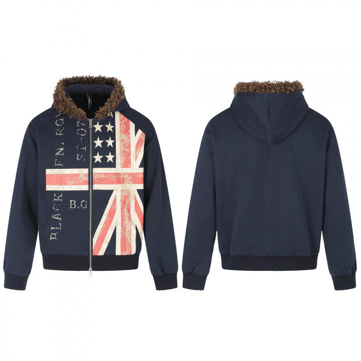Herren Kapuzenjacke mit Vintage‑Flaggenprint, Kunstfellkapuze und Zweiwege‑Reißverschluss Drune