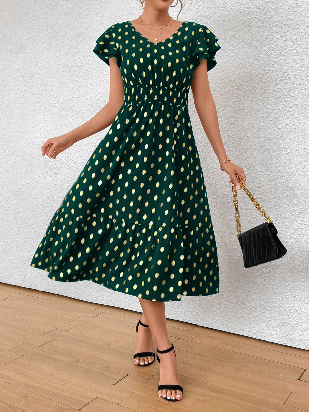 Damen Maxikleid mit Rüschendetails und schimmerndem Punktmuster Drune