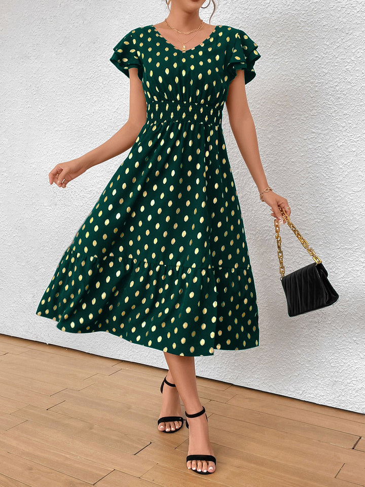 Damen Maxikleid mit Rüschendetails und schimmerndem Punktmuster Drune