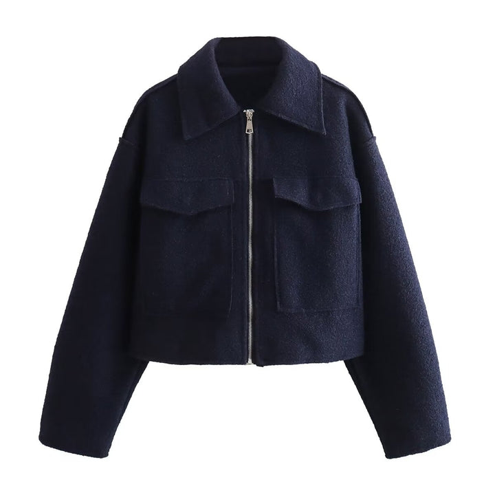 Damen Boxy-Cropped-Jacke aus Bouclé‑Wollmix mit Hemdkragen und aufgesetzten Pattentaschen Drune