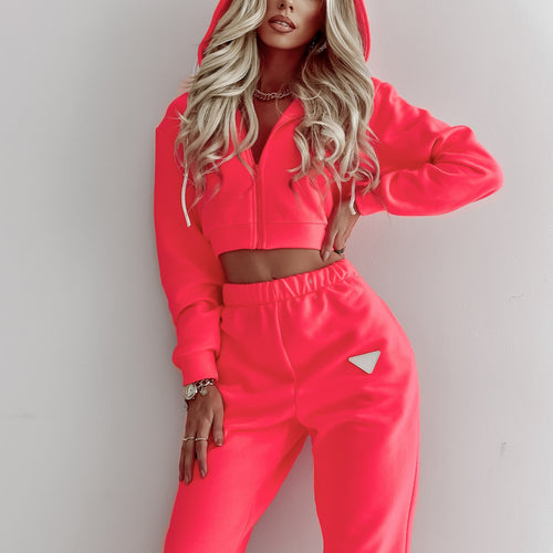 Damen nan Cropped Kapuzenjacke und High-Waist Jogginghose Set aus French Terry mit elastischem Bund Drune