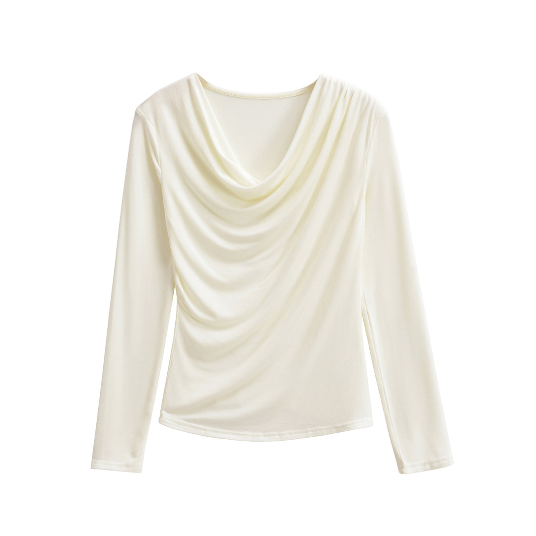 Damen Wasserfallkragen Langarmshirt mit Drapierung und taillierter Wickeloptik Drune