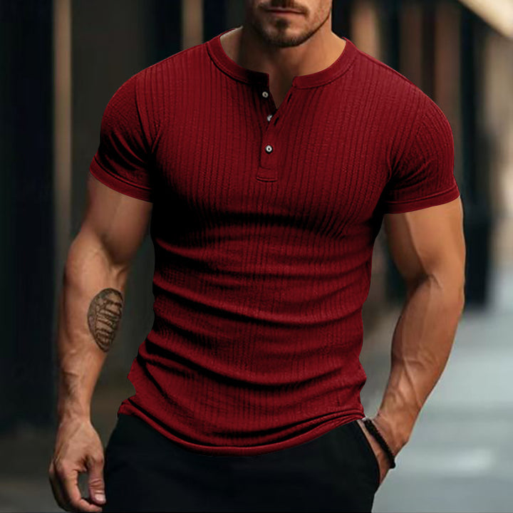 Herren nan eng anliegendes Kurzarm-Henleyshirt mit Rippenstruktur und kurzer Knopfleiste Drune