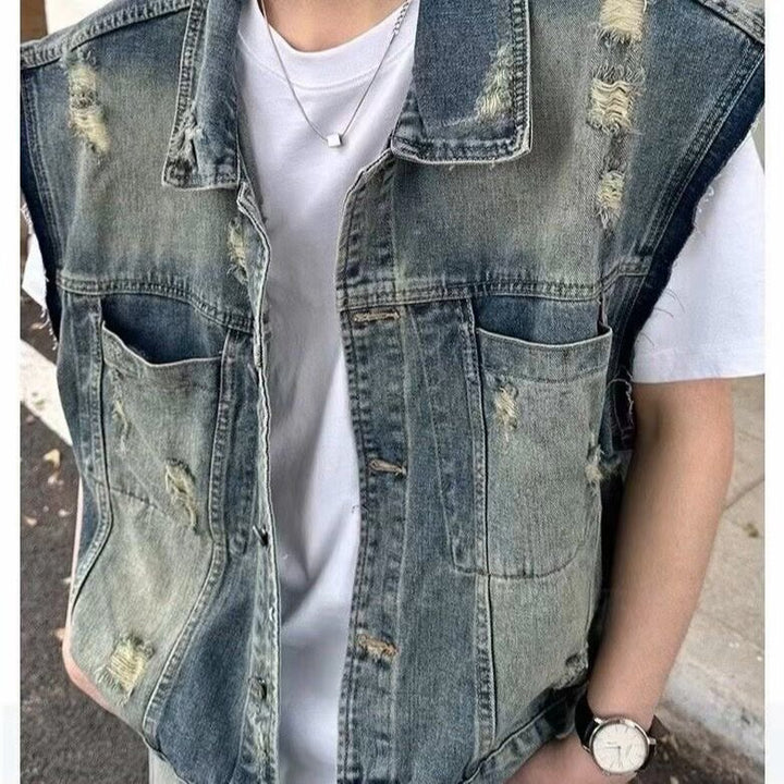 Herren Denim-Weste im Vintage-Used-Look mit Destroyed-Taschen und kastiger Passform Drune