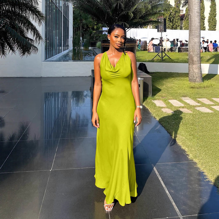 Damen Maxikleid mit tiefem Wasserfallausschnitt und figurumspielendem Schnitt Drune