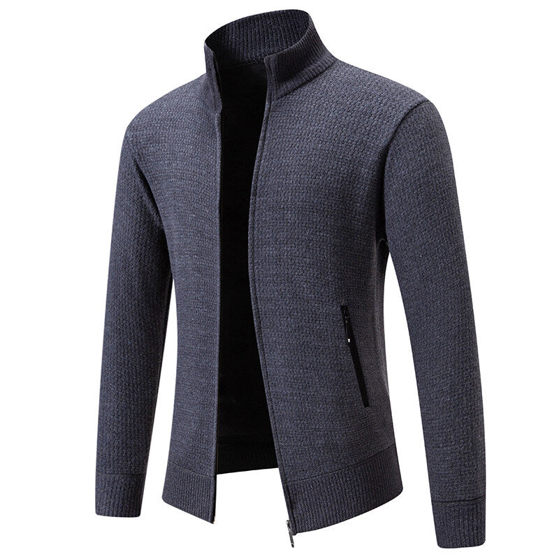 Herren Texturierter Zip-Strickcardigan mit Stehkragen, Waffelstruktur und Reißverschlusstaschen Drune