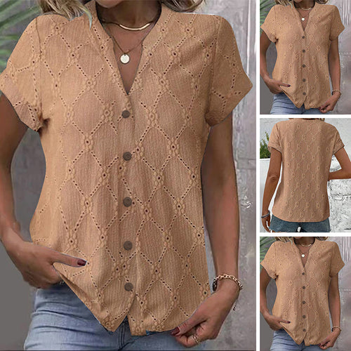 Damen nan kurzärmlige Broderie-Bluse mit V-Ausschnitt und durchgehender Knopfleiste Drune
