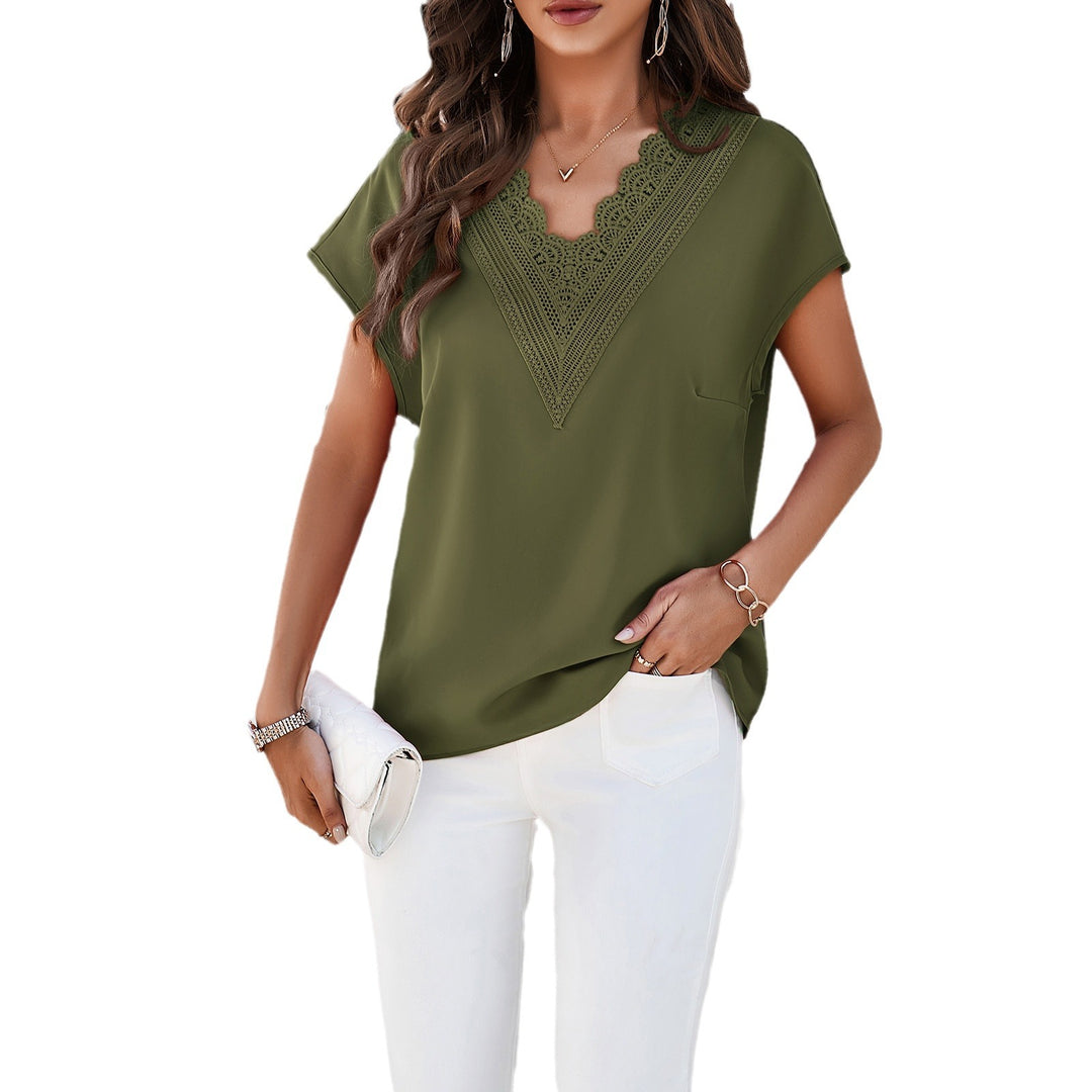 Damen Bluse mit Spitzenverzierungen und V-Ausschnitt Drune
