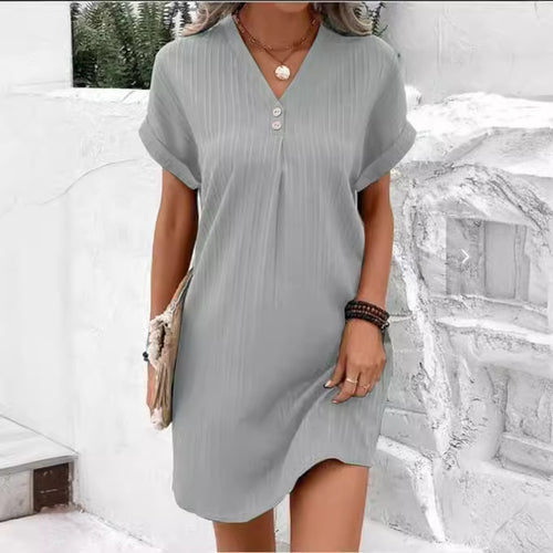 Damen Kurzarm Kleid mit Knopfleiste und feinem Längsstreifenmuster Drune
