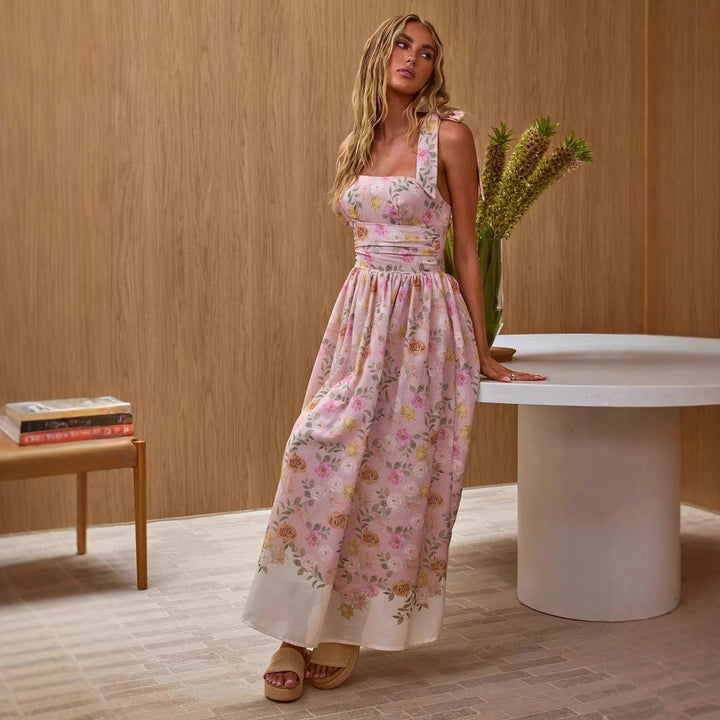 Damen Maxikleid mit floralen Akzenten und verstellbaren Spaghettiträgern Drune