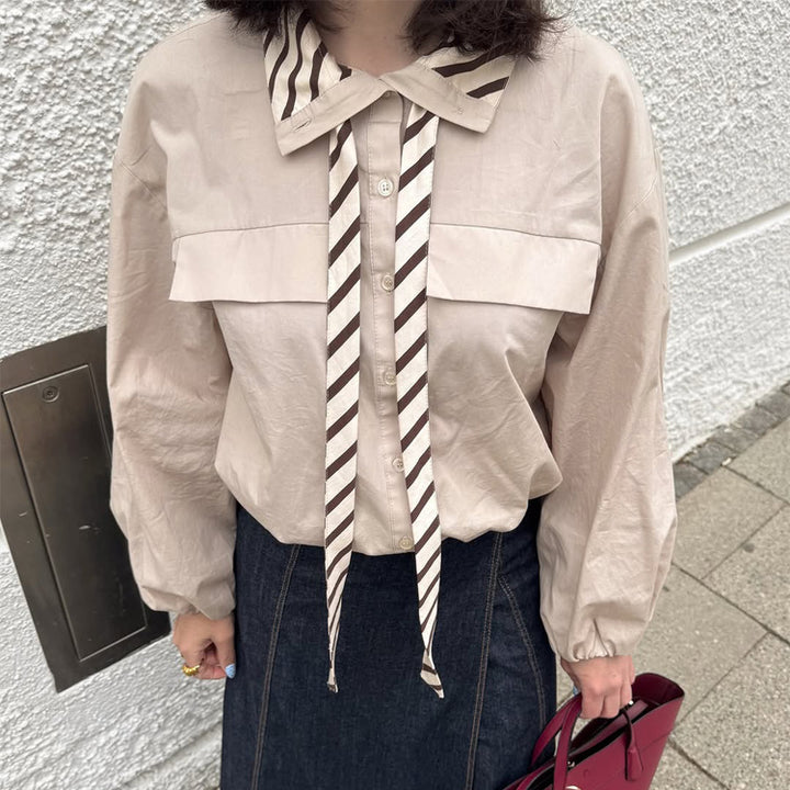 Damen Bluse mit Schleifenkragen, überschnittener Schulterpartie und voluminösen Ballonärmeln Drune