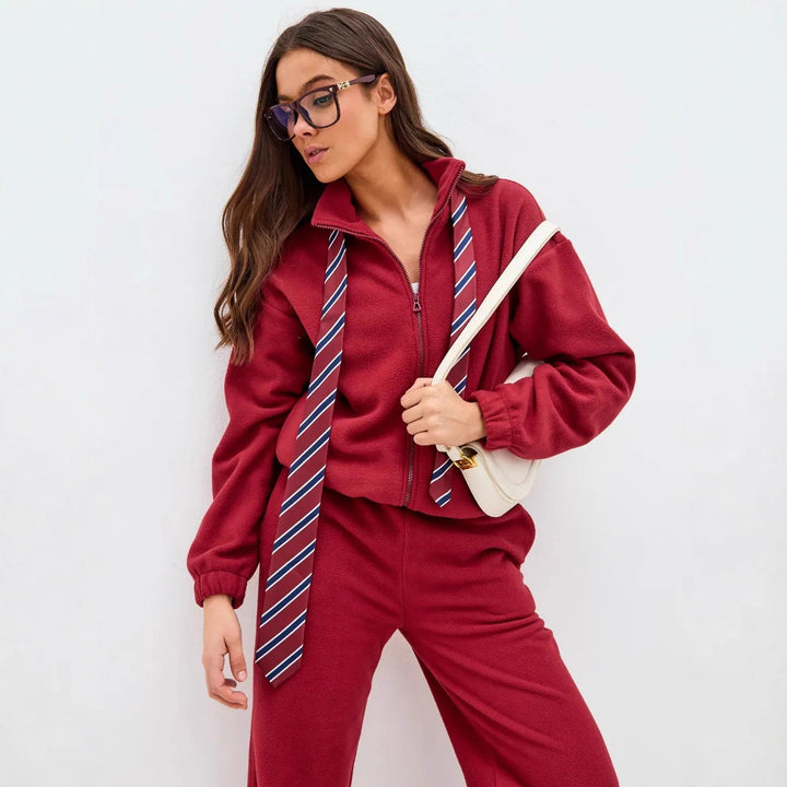 Damen Komfortables Fleece-Loungewear-Set mit kurzem Zip-Top und weiter High-Waist-Hose Drune