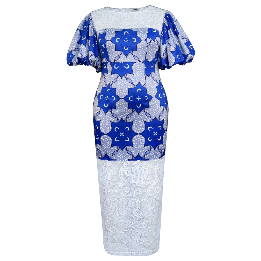 Damen Elegantes Langarmkleid mit ausgefallenen Puffärmeln und Spitzenbesatz Drune
