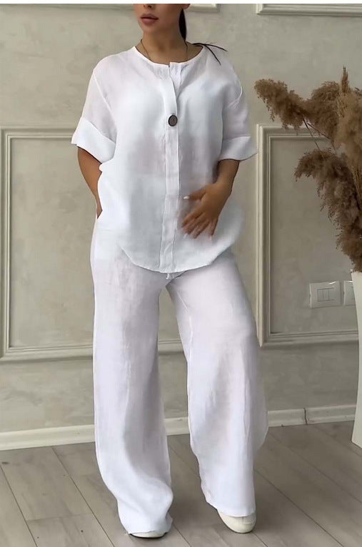 Damen nan lässiges Leinen-Relax-Set mit weiter Hose und Hemdbluse Drune