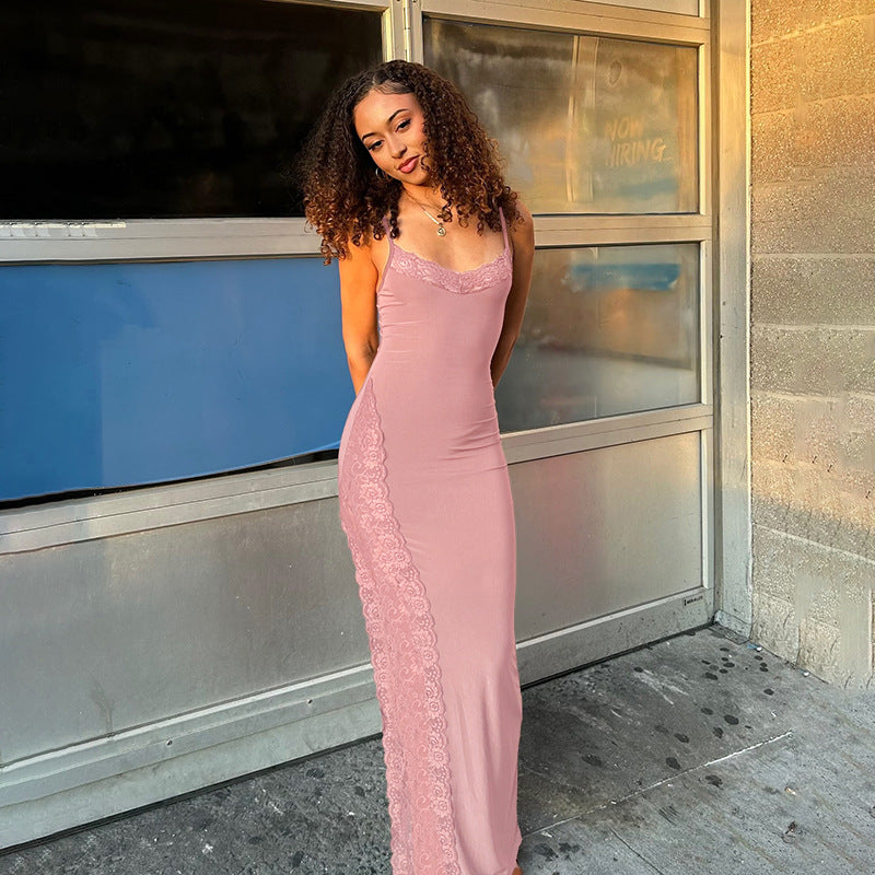 Damen elegantes Spitzen-Maxikleid mit zarten Trägerspitzendetails Drune