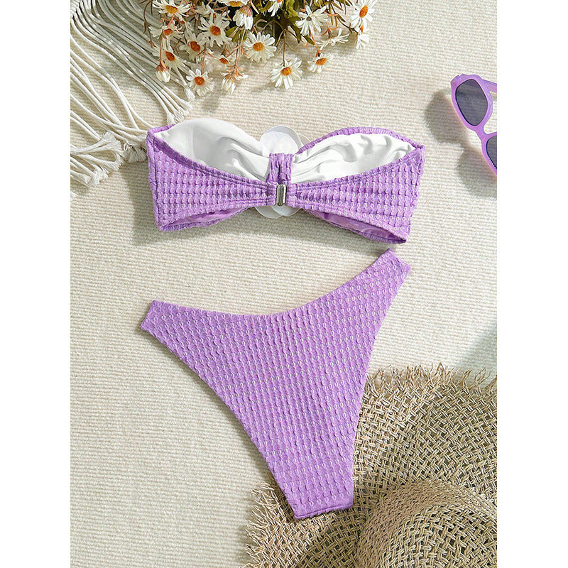 Damen Bandeau-Bikini Set mit elegantem Blumenschmuck und hohem Beinausschnitt Drune