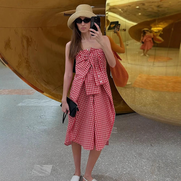 Damen Karo-Maxikleid mit durchgehender Knopfleiste, taillierter Schärpe und verlängerten Manschetten Drune