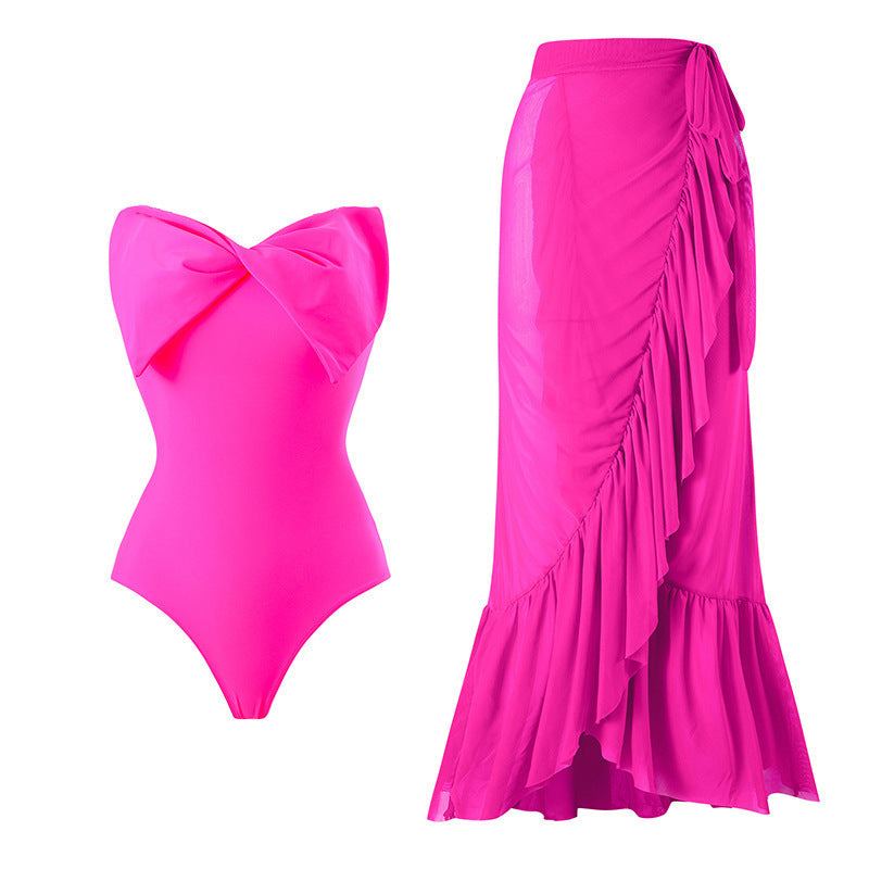 Damen Einteiler Badeanzug mit stylischem Wickelrock und glamourösem Schleifendetail Drune