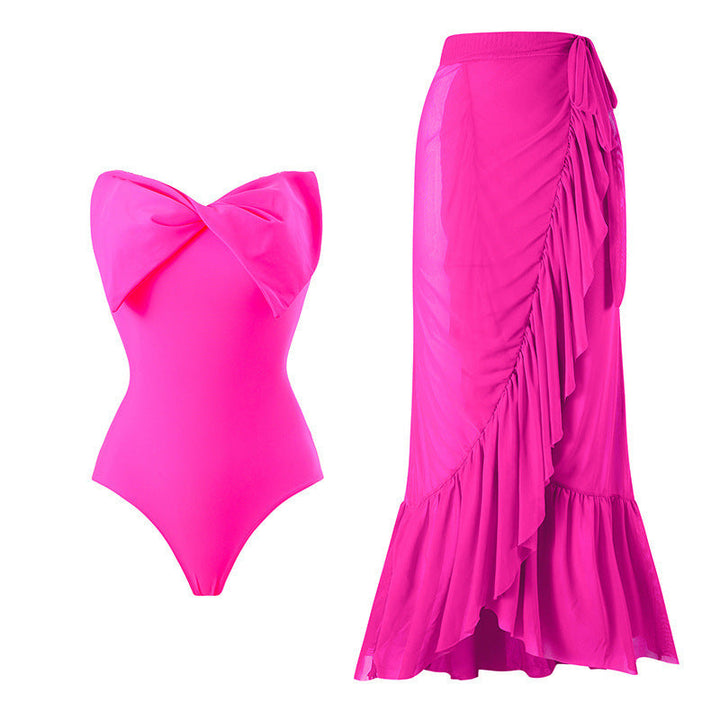 Damen Einteiler Badeanzug mit stylischem Wickelrock und glamourösem Schleifendetail Drune