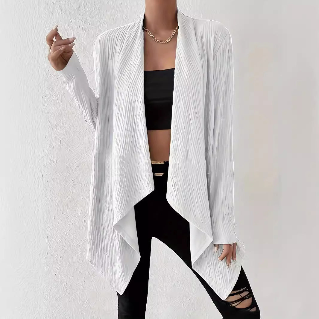 Damen Offener Crinkle-Cardigan mit Wasserfall-Saum und Longline-Silhouette Drune