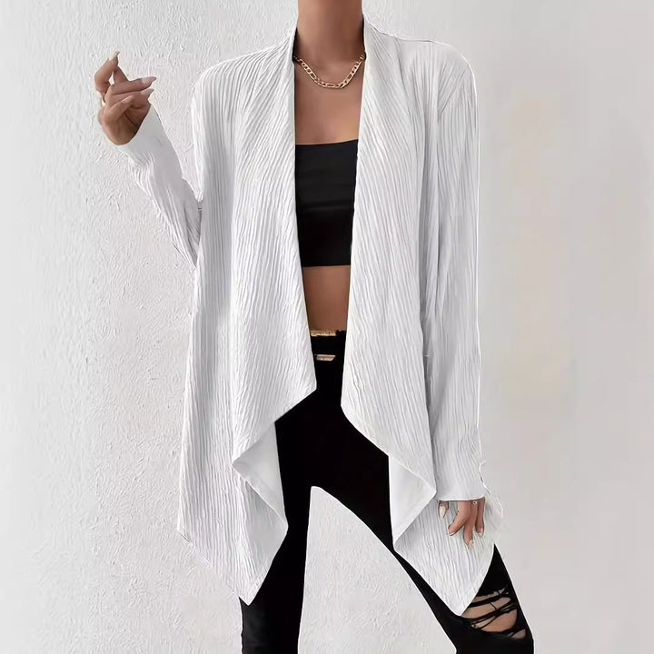 Damen Offener Crinkle-Cardigan mit Wasserfall-Saum und Longline-Silhouette Drune