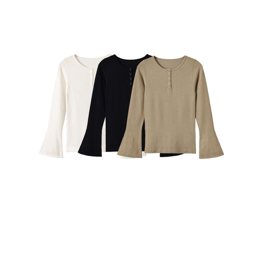 Damen Feinstrick-Longsleeve mit Henley-Knopfleiste und ausgestellten Trompetenärmeln Drune