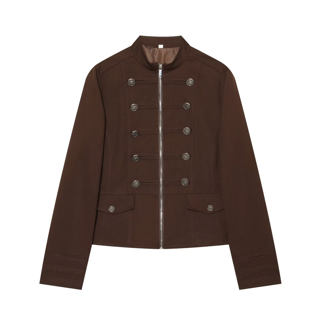 Damen Kurze Militärinspirierte Jacke mit Stehkragen Doppelreihenknöpfen und Reißverschluss Drune