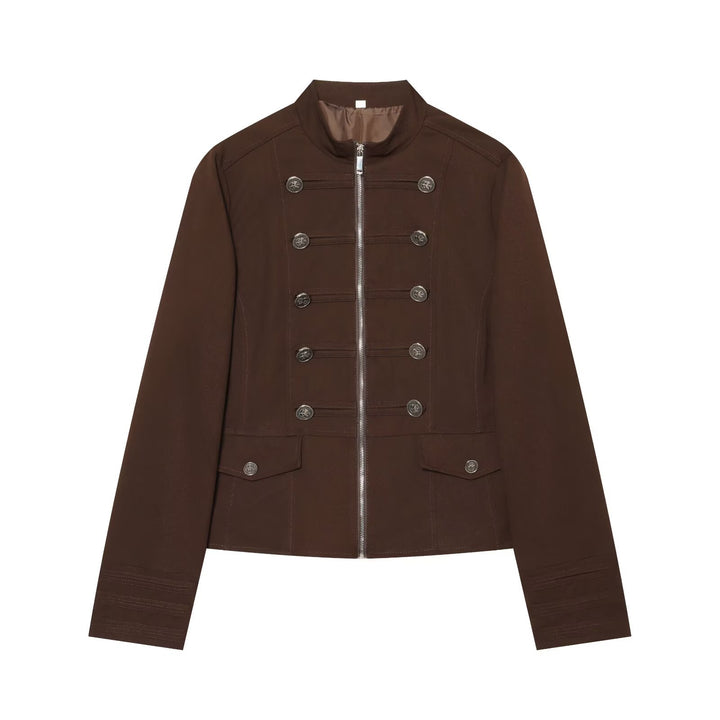 Damen Kurze Militärinspirierte Jacke mit Stehkragen Doppelreihenknöpfen und Reißverschluss Drune