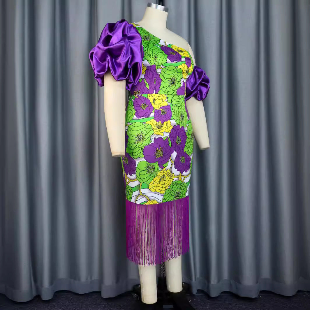 Damen Elegantes Schulterfreies Kleid mit voluminösen Puffärmeln und Fransen Drune