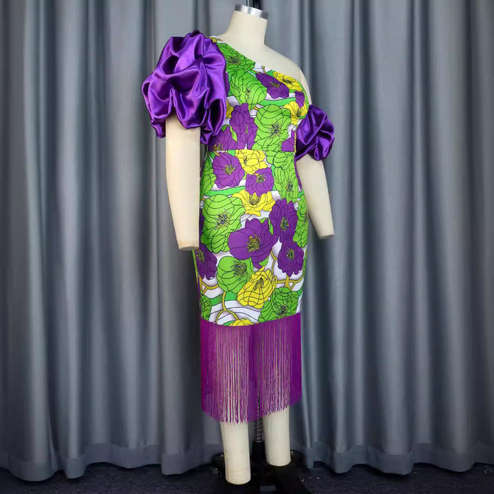 Damen Elegantes Schulterfreies Kleid mit voluminösen Puffärmeln und Fransen Drune
