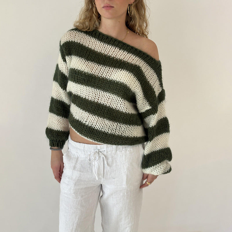 Damen lässiger gestrickter Pullover mit asymmetrischem Schnitt und Streifenmuster Drune