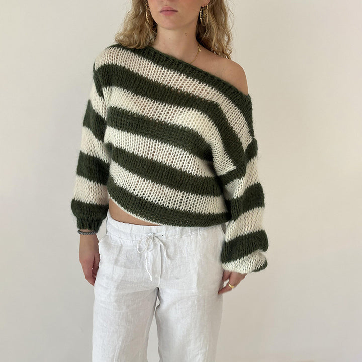 Damen lässiger gestrickter Pullover mit asymmetrischem Schnitt und Streifenmuster Drune
