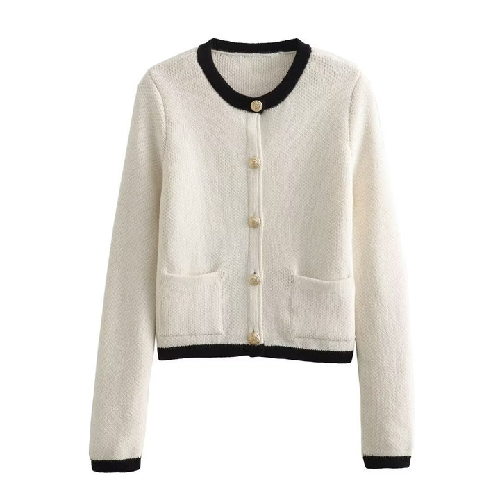 Damen Kurzgeschnittener Bouclé-Cardigan mit Rundhals, Pattentaschen und Münzknöpfen Drune