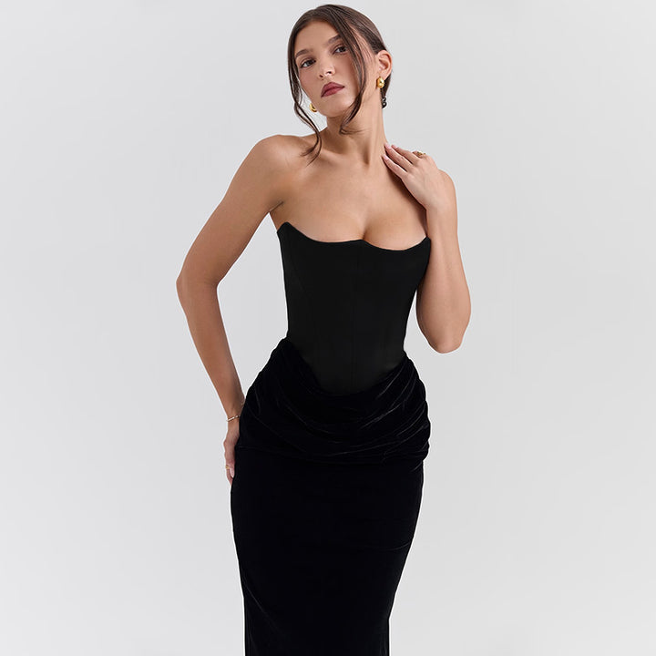 Damen elegantes A-Linien-Maxikleid mit gerafftem Oberteil und trägerlosem Design Drune