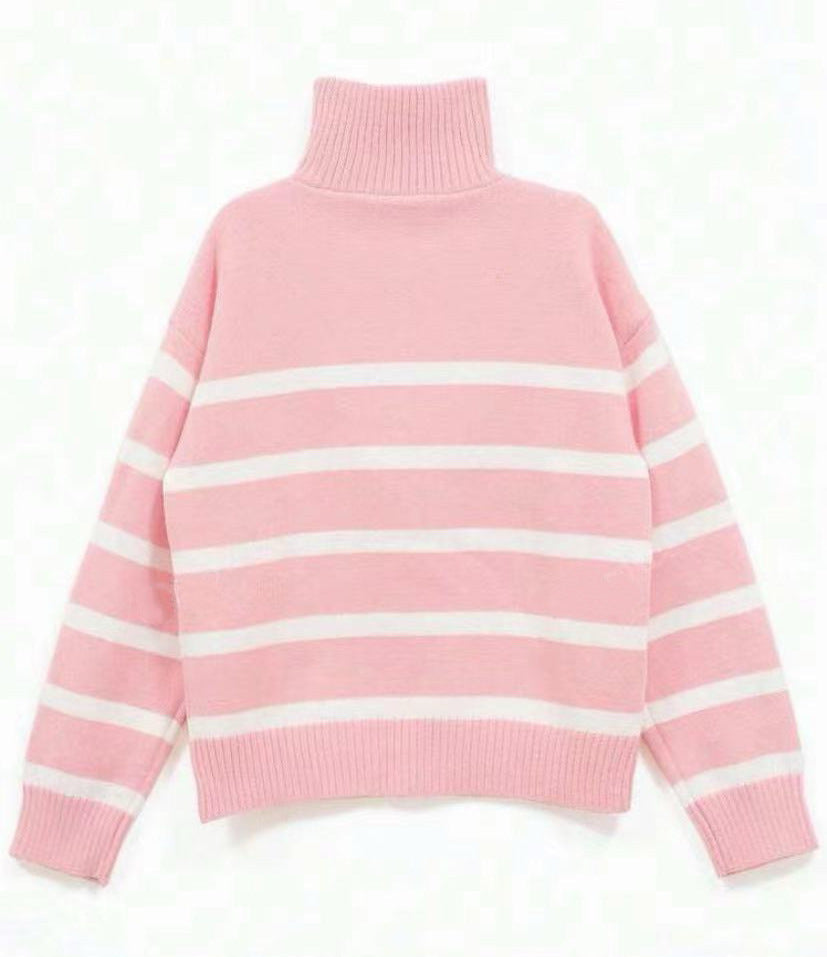 Damen Gestreifter Halb-Reißverschluss Strickpullover mit Rippenkragen Drune
