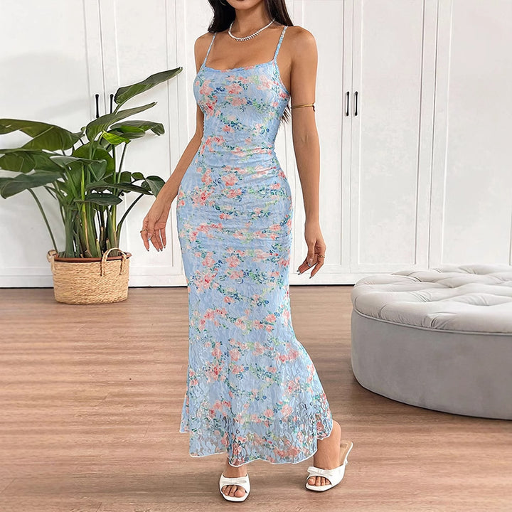 Damen Maxikleid mit feinem Blumenmuster und zarten Spagettiträgern Drune